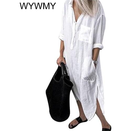 WYWMY Women Autumn Lapel Long Sleeve Shirt Dress Cotton Sexy Split Dresses Elegant Solid Work Office Vestidos Female Tunic Robe