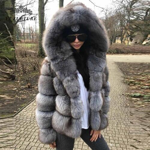 2020 New Grey Blue Fox Fur Winter Jackets And Coats Women With Hooded Fashion Luxury Genuine Natural Fur Female Outerwear Cloth