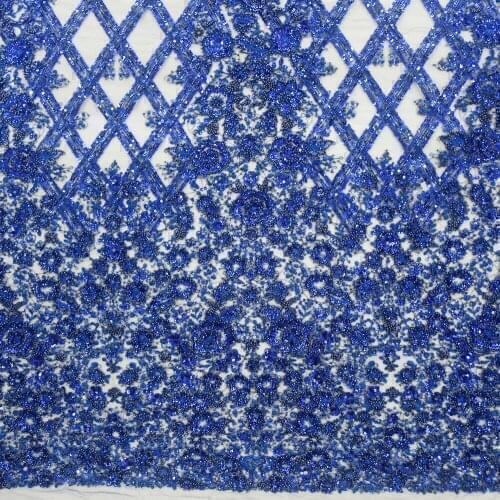 2021 High Density Royal Blue Luxury Embroidery Beaded Bridal Fabric with Sequins for Evening Gowns 5 Yards HY1448