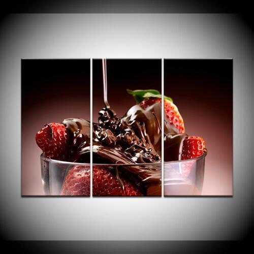 3 Pieces Chocolate Strawberry Paintings Canvas Wall Art Fruits Posters and Prints Modern Pictures For Living Room No Frame