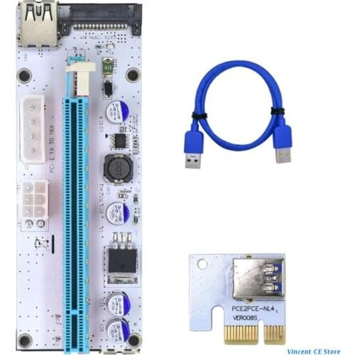 K92F Mining Powered Riser Adapter Card Graphics Extension PCI-E 1X 16X Riser Whiteboard USB3.0 SATA 15Pin 4/6Pin for VER008S