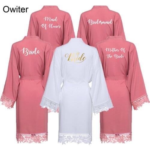 Owiter 2019 Dusty Pink Solid Cotton Kimono Robes w/ Lace Trim Women Wedding Bridal Robe Short Belt Bathrobe Sleepwear White Gown