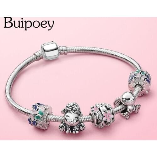 Buipoey Silver Plated Sheep Patty Beaded Daisy Butterfly Charm Bracelets For Women Original New Bracelet Girl Boy Jewelry