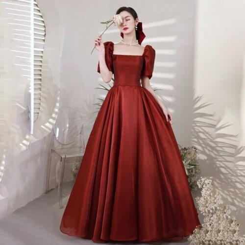 Special Occasion Dresses Vintage Square Collar Short Backless A-Line Luxury Bugrundy Floor-Length Elegant Women Prom Gown E846