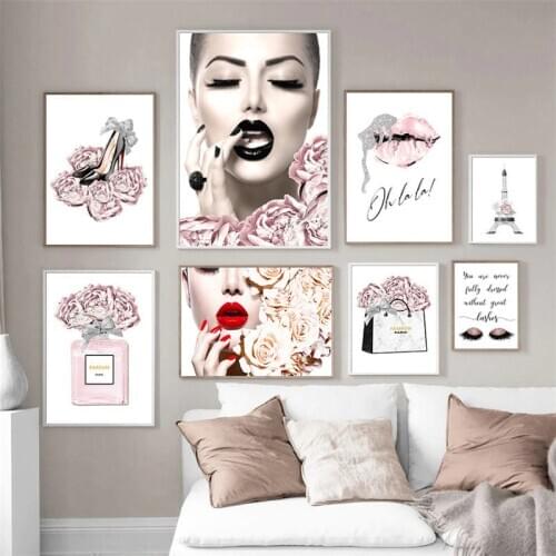 Home Decor Wall Art Canvas Painting Modern Fashion Figure Flower Picture Nordic Posters and Prints for Bedroom Pink Sweet Decor