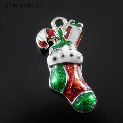 GraceAngie 10PCS DIY Jewelry Findinds Christmas Stocking Shape Enamel Charms Decoration Pendant Handmade Kids Favors Gifts