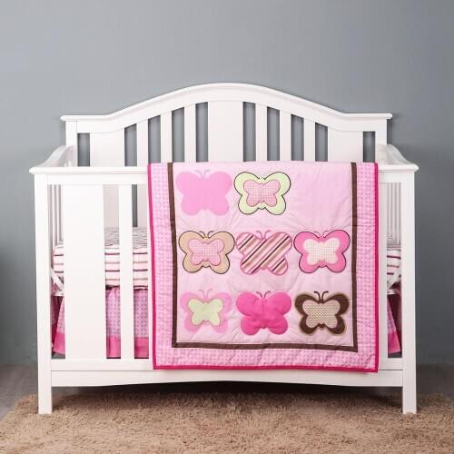 3pcs Pink Baby Items For Newborn Cotton Crib Bedding Set Universal Kids Room Decor I Fitted Sheet, Crib Quilt, Dust Ruffle