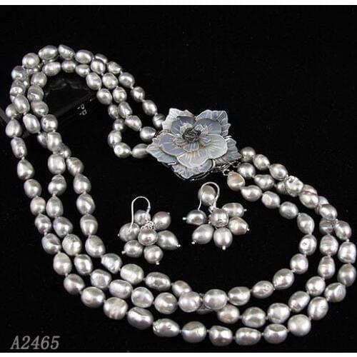 Perfect Pearl Jewelry Set 17-19 Inches 7-8mm Gary Color 3Rows Natural Freshwater Pearl Necklace Earring New Free Shipping