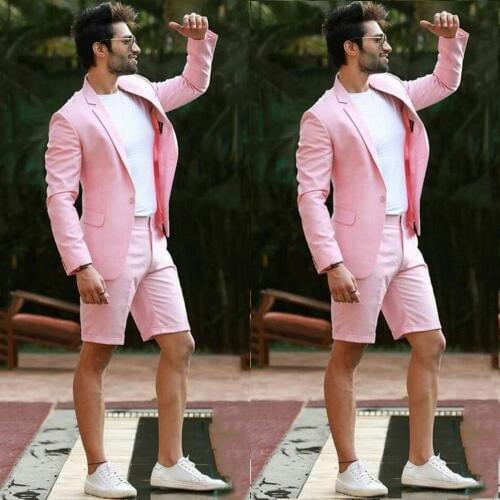 Pink Wedding Men Suit With Short Pants Formal Business Terno Masculino Beach Mens Summer Beach Groom Wear Suits Jacket+Shorts