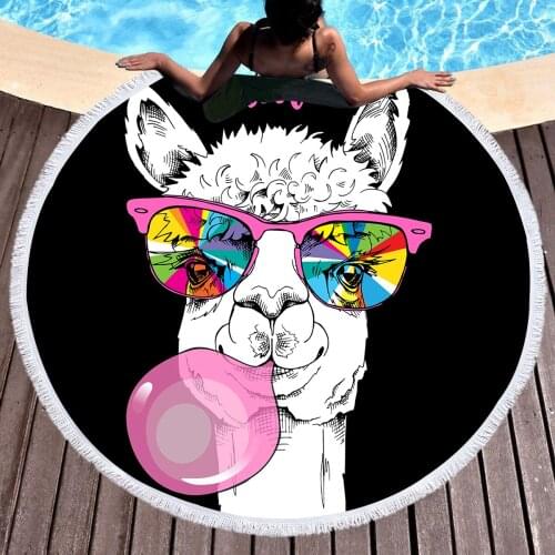 Alpaca Blowing Bubbles Round Beach Towels With Drawstring Yoga Mat With Tassels Bath Shower Towels Yoga Blanket Toalla Playa