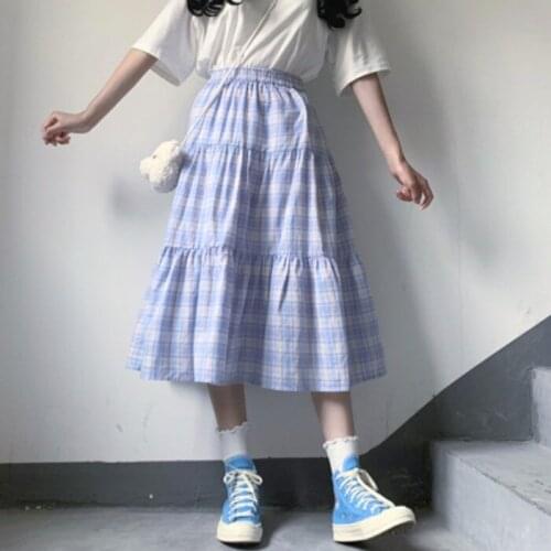 Sweet Womens Plaid Skirt Mid-Calf Long Skirt Empire Waist Cute Girl Elastic Waist Skirt JK Style Hot Color Blue