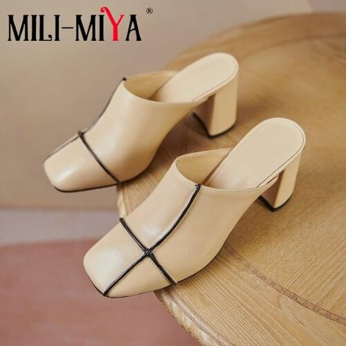 MILI-MIYA Square Toe Cow Genuine Leather Black Mules Ladies Block Heel Spring Summer Slippers Fashion Dress Shoes Plus Size 43