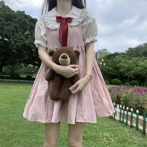 Sweet Cute Girl Kawaii Lolita Dress Summer 2021 Doll Collar Shirt Gentle Strap Dresses 2-Piece Set Loose Pink Black Sling Dress