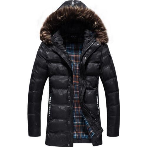 Mens Camouflage Fur Collar Hat Detachable Parkas Thick Warm Jacket Snow Long Coat with Ribbed Cuff Outerwear Men Winter