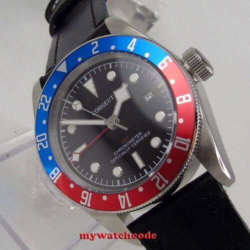 41mm corgeut black dial luminous marks GMT Sapphire Glass Automatic mens Watch