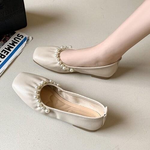 New Style Comfortable Flat Square Toe Womens Single Shoe Cover Foot Spring And Autumn Trend Pearl Pure Color Casual Shoes