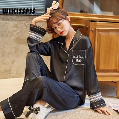 WIKISSPJS 2021 Autumn Ice Silk Cardigan Long Sleeve Trousers Thin Home Suit Pajamas Lady Lounge Wear Sleepwear Pjs Women