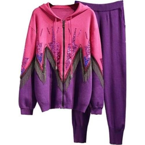 2021 Autumn Women Hooded Sequin Contrast Tassel Tracksuit 2 Piece Set Sweater coat+Fashion Pants Women knitted Set Plus size