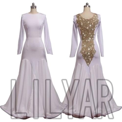 Ballroom dance dress standard dress competition dress show custom adult white slim back gold embroidery