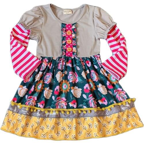 100% cotton Toddler multicolor with print ruffles Baby Girls dress flower Hot Sale New style Dress for present