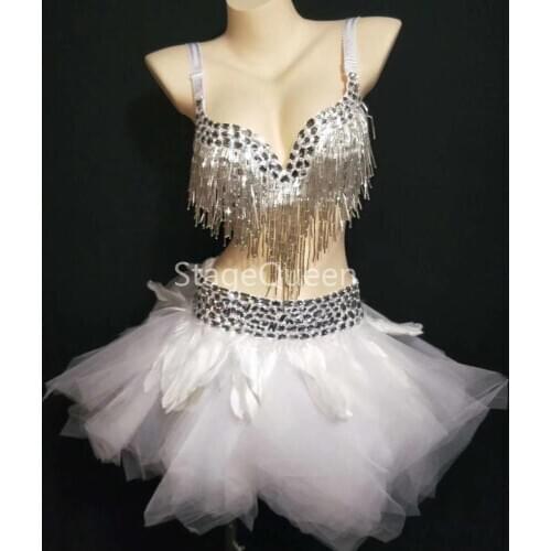 Luxury Crystals Bra Skirt 2-piece Sets Womens Sexy Dance Tutu Costume Rhinestones Skirt Prom Party Stage Wear Clothing Sets