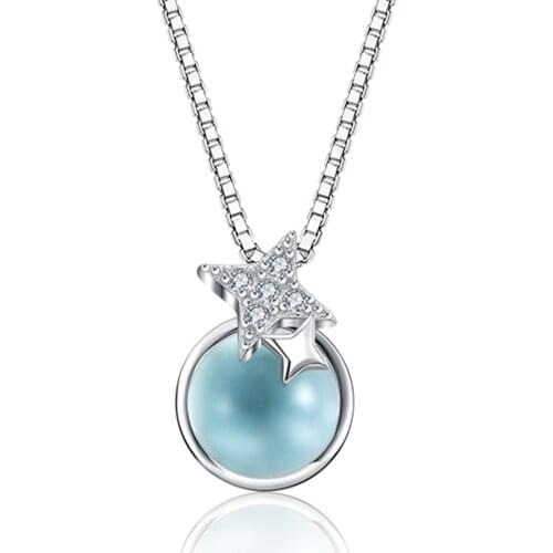 SILVERHOO 925 Sterling Silver Round Azure Stone Pendant Necklace Double Starlight Zircon Women Chains Elegant Fall Fine Jewelry
