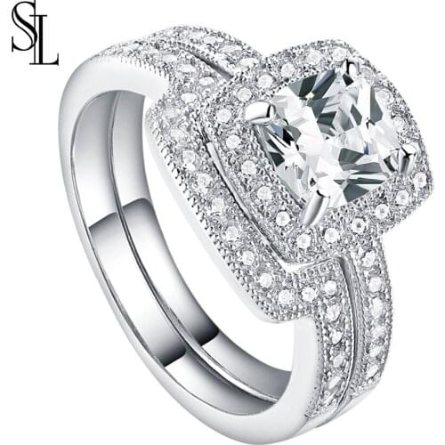 SL Silver 925 Ring Set Fine Jewelry Halo Engagement Rings Wedding Band Bridal Set For Women Cushion Cut AAA Zircon