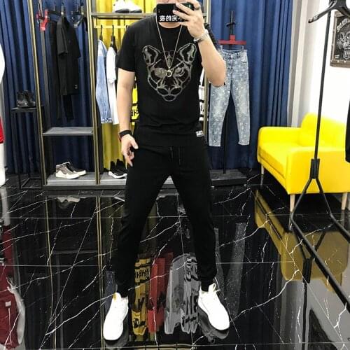 Three-Dimensional Theme Design Mens Tracksuit Hot Drilling Sets Brand Short Sleeve Top + Pants Jogging Summer T-Shirt 5XL