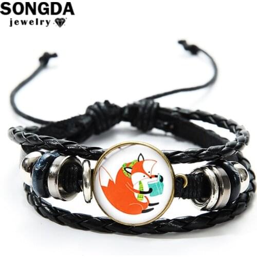 SONGDA Clever Fox Multi-layer Braided Leather Bracelet for Girls Boys Funny Reading Book Cartoon Glass Gem Bracelet Kids Jewelry