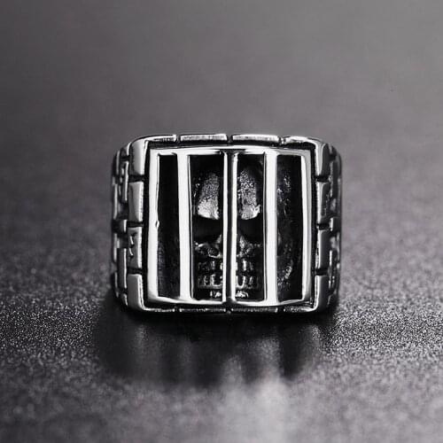 Unique Mens Prison Skull Rings Cool 316L Stainless Steel Skull Biker Ring Men Boys Gothic Cross Ring Jewelry Size 7-15