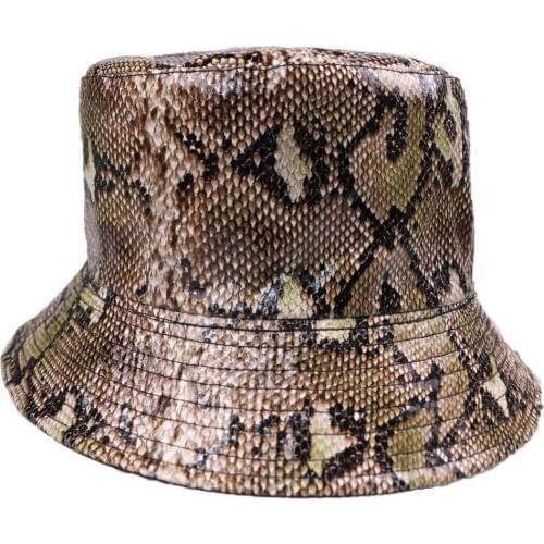 Winfox Vintage Black White Harajuku leather Hip Hop Outdoor Ladies Fisherman Panama Cap Women Men Snake Bucket Hat