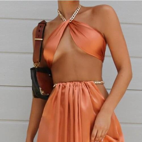 Female Camisole, Solid Color Halter Neck Vest Sleeveless Crop Tops with Metal Strap for Summer, Black/Coral Pink/Champagne