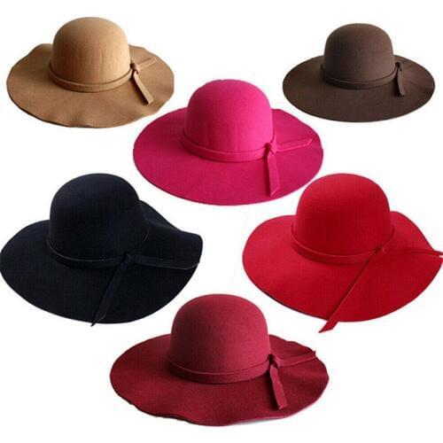 Womens Vintage Fashion Wide Brim Floppy Wool Felt Bowler Fedoras Hat Bow Cap