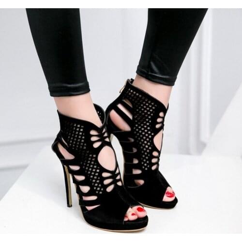 Womens Peep Toe Ankle Sandals Hollow Out Peep Toe Stilettos High Heel Sexy Shoes Fashion Black Red Plus Size 34-50 New 2021