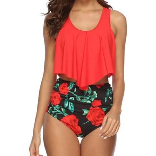 Women High Waist Bikini Sets Plus Size Ruffle Tankini Swimsuit Halter Two Piece Swim Bathing Wear Push Up Swimwear