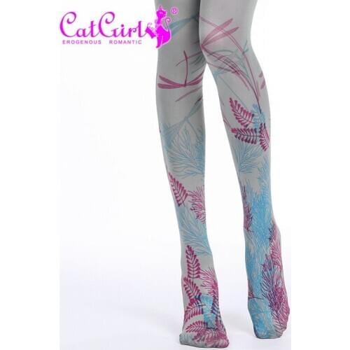 Womens Printed Silk Stockings Individual Japanese Tattoo Pantyhose Gray Natural Dragonfly ladies