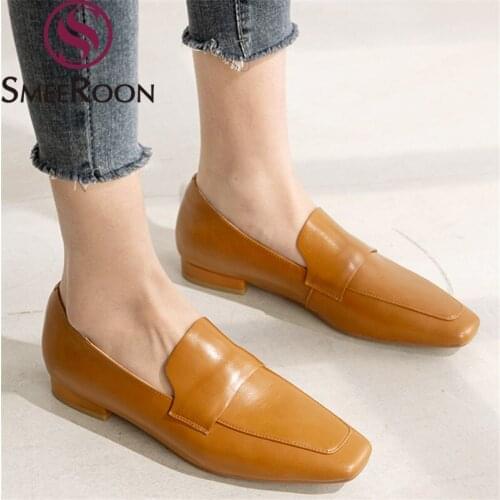 Smeeroon 2021 New Genuine Leather Shoes Comfortable Square Heels Office Dress Shoes Spring Autumn Ladies Single Shoes