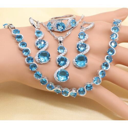 XUTAAYI Silver Color Wedding Jewelry Sets For Women Flower Shape Blue Zircon Bracelet Earrings Necklace Pendant Ring Gift Box