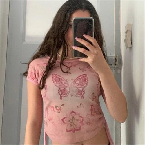 Women Y2K Cute Pink Graphic Butterfly Print Crop Top Short Sleeve Kawaii Tee Top E Girl Aesthetic Harajuku T-shirts for Summer