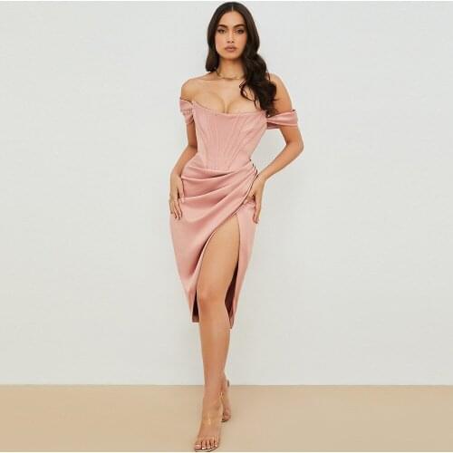 High Quality Satin Bodycon Dress Women 2021 Pink Off Shoulder Dress Sexy Party Bodycon Dress Celebrity Evening Club Dress Lined