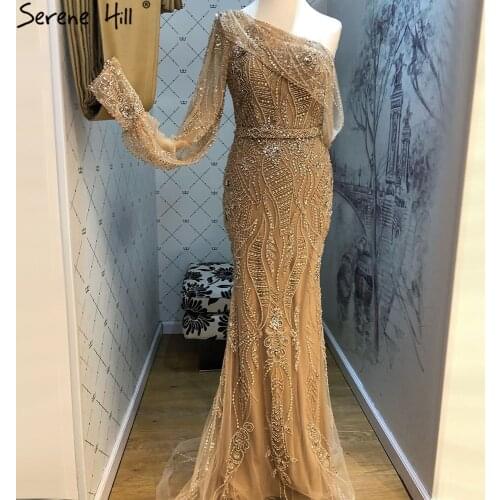 Serene Hill Gold Mermaid Luxury Evening Dresses Gowns 2021 Elegant Beaded One Shoulder For Women Party BLA71218