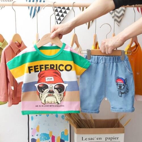 Cool Kid Boys 2021 Summer Clothes Outfit Fashion Cartoon T-Shirt+Denim Shorts 2pc/Set Children Toddler Clothing Tracksuits