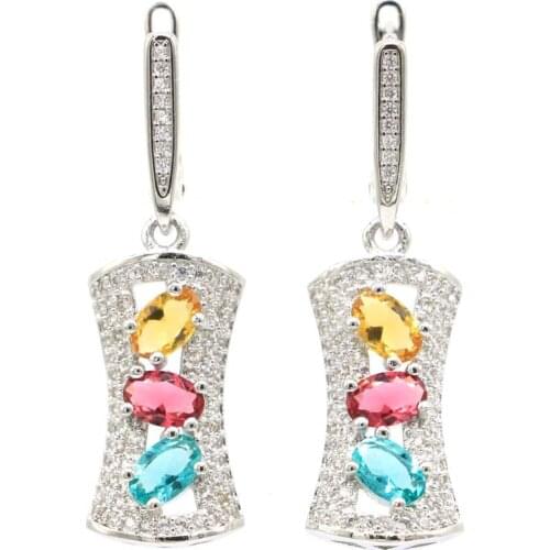 37x12mm Multi Color 6.5g Citrine Rhodolite Garnet Aquamarine Pink Kunzite White CZ Ladies 925 Sterling Silver Earrings
