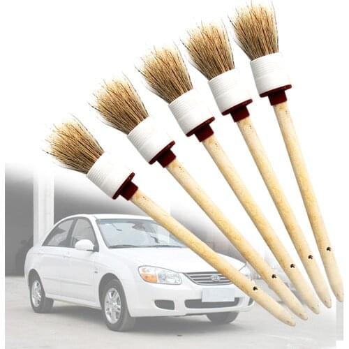 5PCS Car Brush Wooden Handle Brush Car Cleaning Trim Seat Round Head Washable Convenient Auto Motorcycle Cleaning Tool 25MM