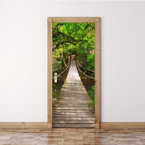 77x200cm 3D Door Sticker Forest Wall Mural Art Green Tree Drawbridge Wallpaper Poster Stickers Self Adhesive Removable Home Door