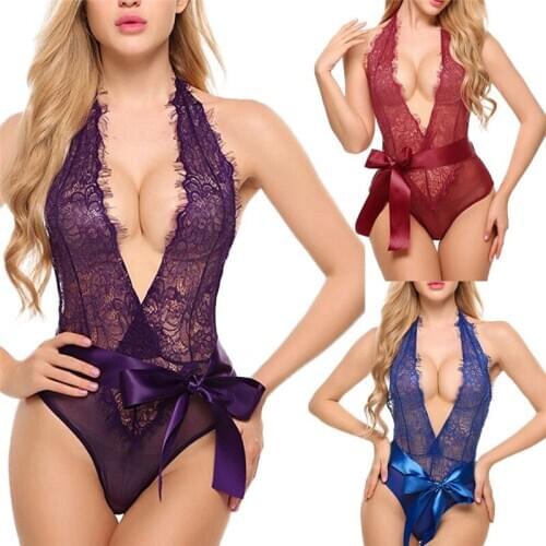 AMIYA Sexy Eyelash Lace Teddy Bodysuits Womens Sexy Nightwear Backless Jumpsuit Deep-V Sheer Lace Bodysuit Babydoll