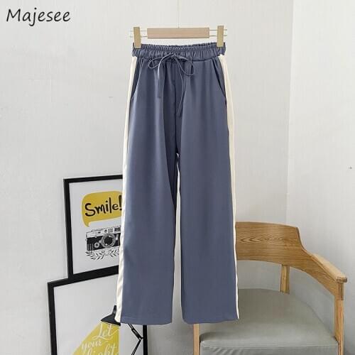 Pants Womens Patchwork High Waist Drawstring Loose Full Wide Leg Casual Chic All-match Korean Style Simple Soft Femme Trousers