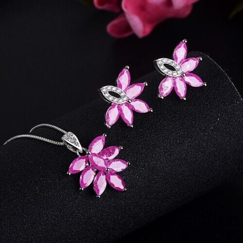 Funmode 2pcs Beauty Flower Design Colorful Cubic Zircon Jewelry Sets For Women Gifts Pendientes boucle d'oreille Wholesale FS61