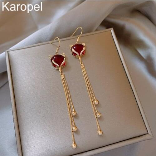 Karopel Sexy Jewelry Earring Red Garnet Fox Head Gold Tassel Drop Earrings for Woman Fashion Jewelry Party Girls Luxury Earrings
