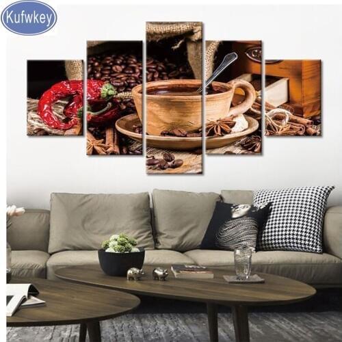 Coffee Picture 5pcs Diamond Painting Full Square/Round Drill 3D mosaic diamond Embroidery Cross Stitch Kitchen wall Decorative